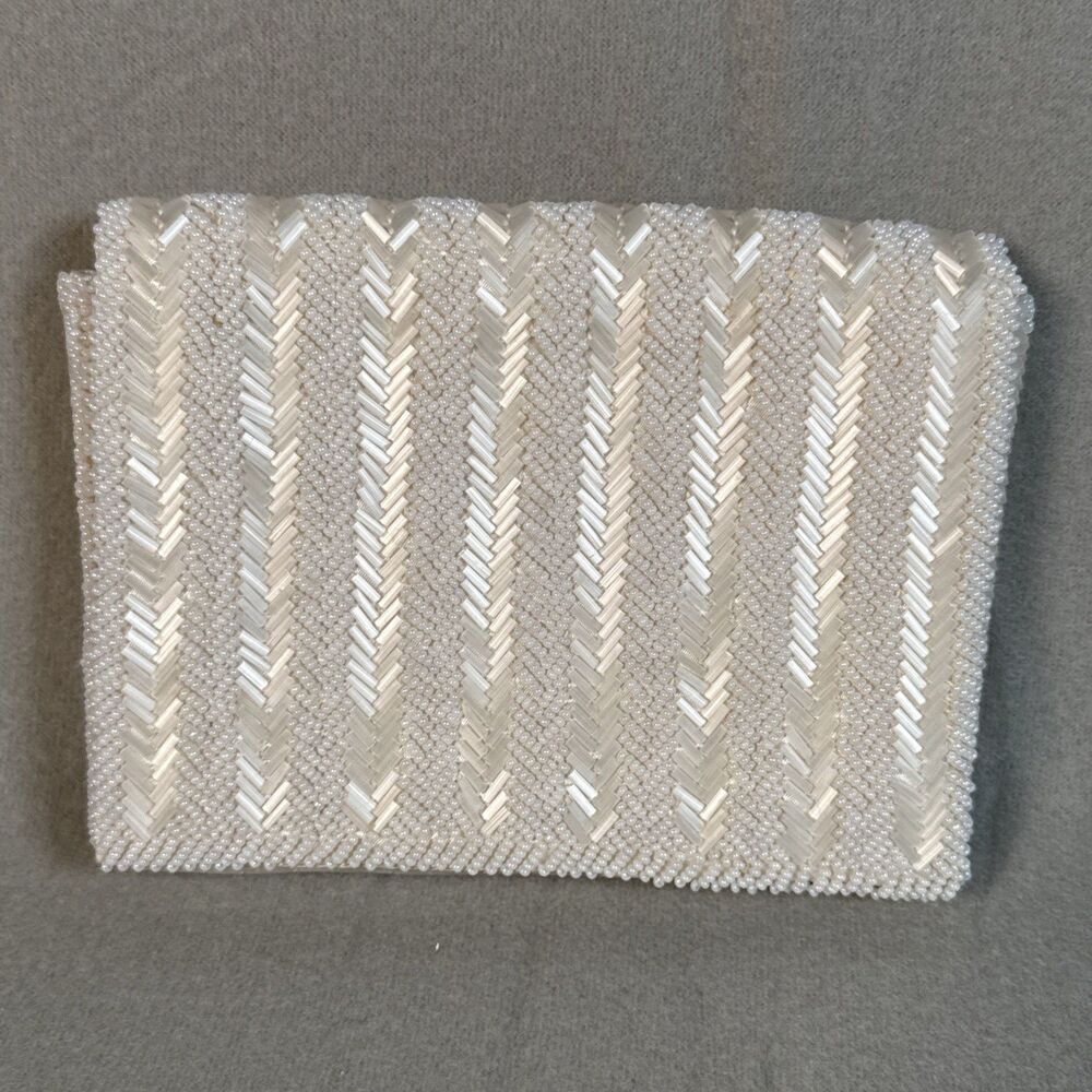 Vintage Walborg beaded evening clutch purse Pearl White Hong Kong mid century